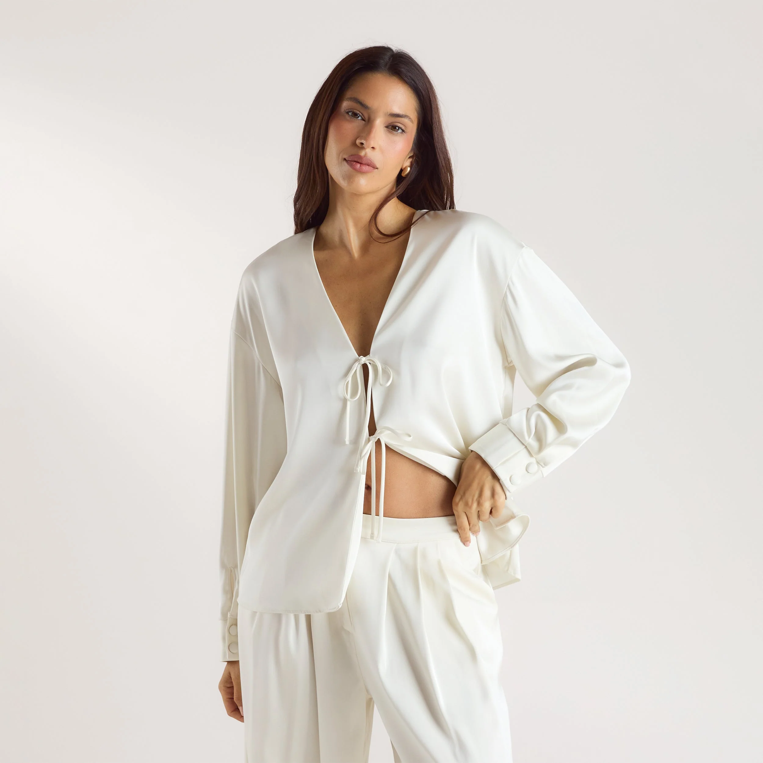 Mimi Long-Sleeved Satin Tie Shirt - Cream
