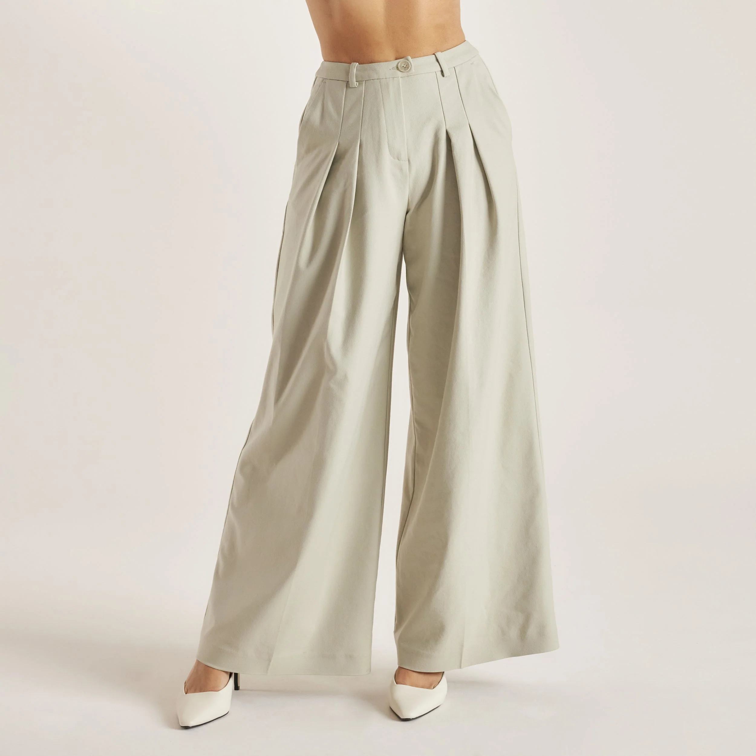 Woven Wide-Leg Trousers - Sage